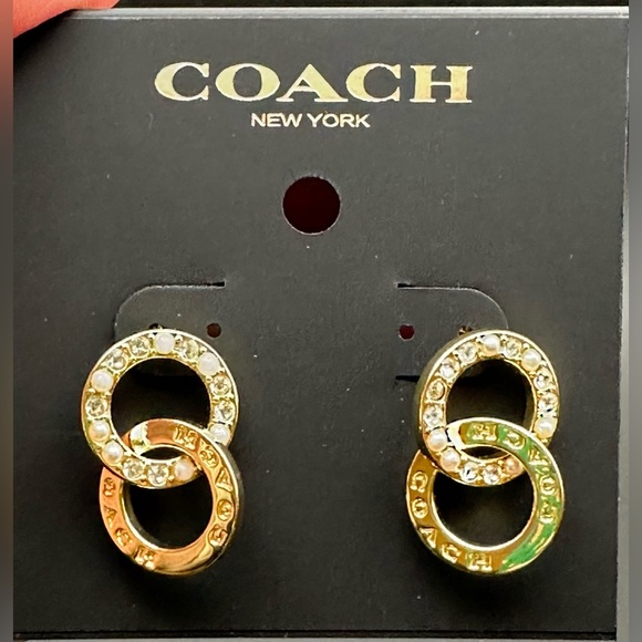 Coach Gold Interlocking C Earrings Crystal Pearl Accents - Picture 3 of 5